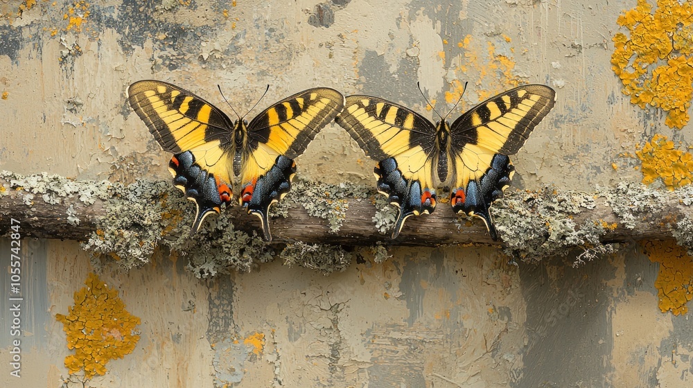 Two Eastern Tiger Swallowtail Butterflies on a Weathered Branch Two Eastern Tiger Swallowtail Butterflies on a Weathered Branch