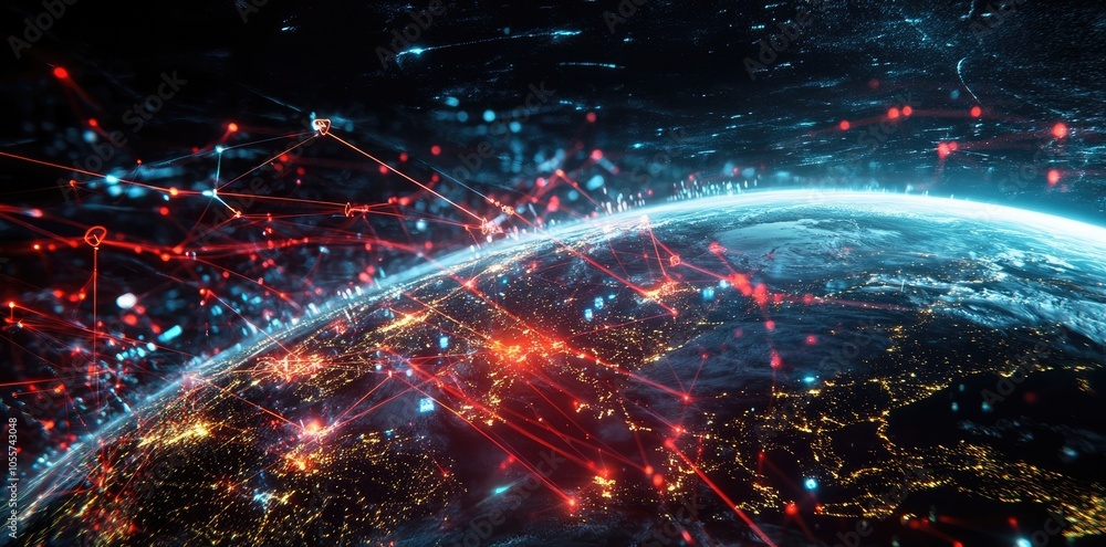 Obraz premium Abstract Global Network Concept with Glowing Connections Around Earth, Data Transfer Technology Background
