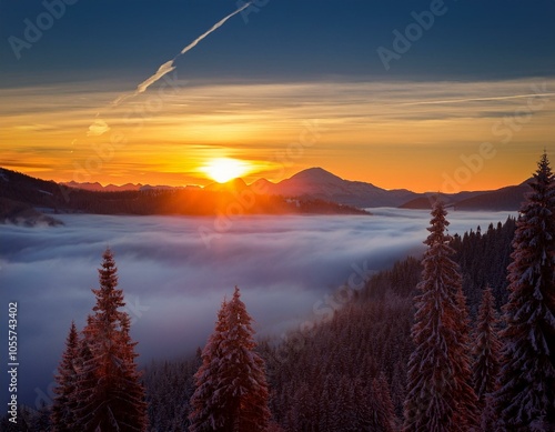 Colorful winter sunrise in the foggy mountains