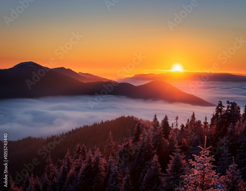 Colorful winter sunrise in the foggy mountains