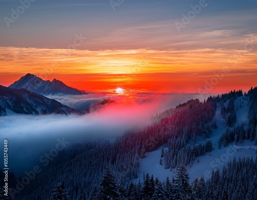 Colorful winter sunrise in the foggy mountains