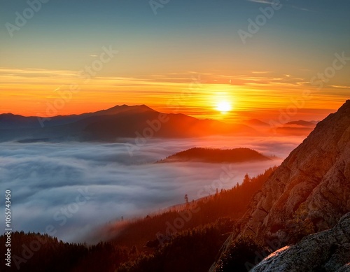 Colorful winter sunrise in the foggy mountains