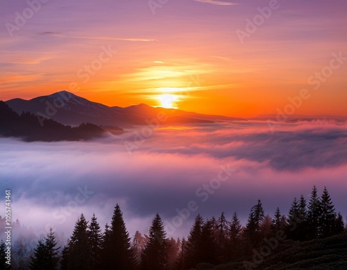 Colorful winter sunrise in the foggy mountains