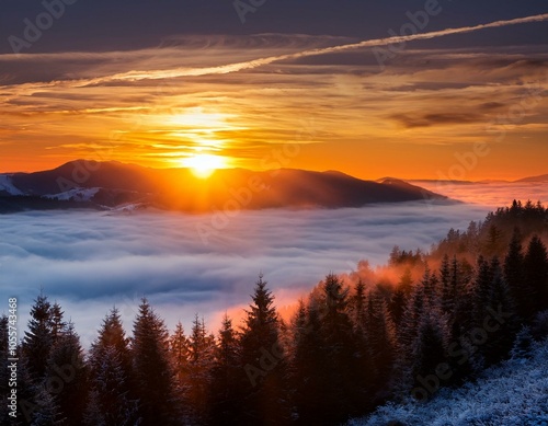 Colorful winter sunrise in the foggy mountains