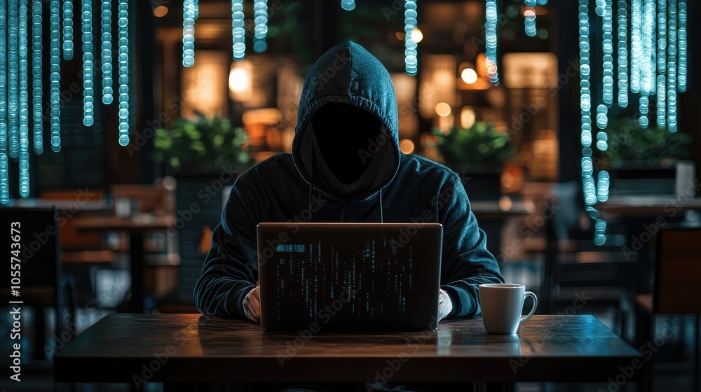 Hacker Working in a Serene Coffee Shop Scene Hacker Working in a Serene Coffee Shop Scene