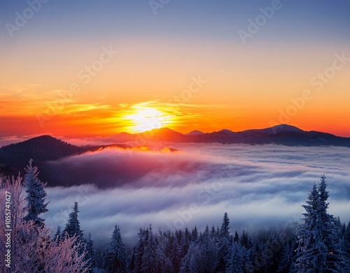 Colorful winter sunrise in the foggy mountains