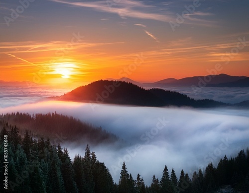 Colorful winter sunrise in the foggy mountains