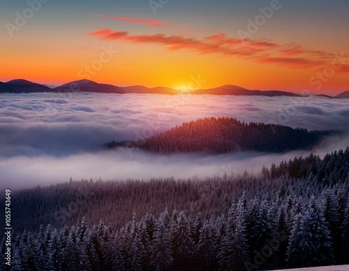 Colorful winter sunrise in the foggy mountains