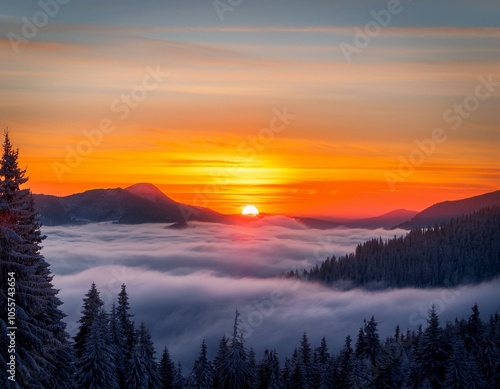Colorful winter sunrise in the foggy mountains
