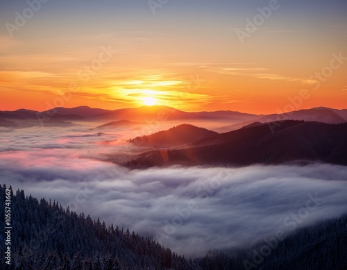 Colorful winter sunrise in the foggy mountains