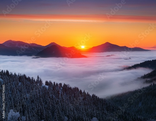 Colorful winter sunrise in the foggy mountains