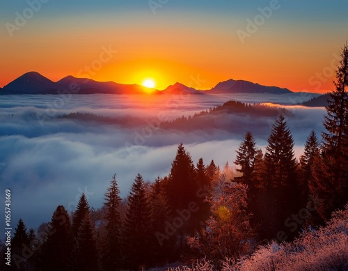 Colorful winter sunrise in the foggy mountains