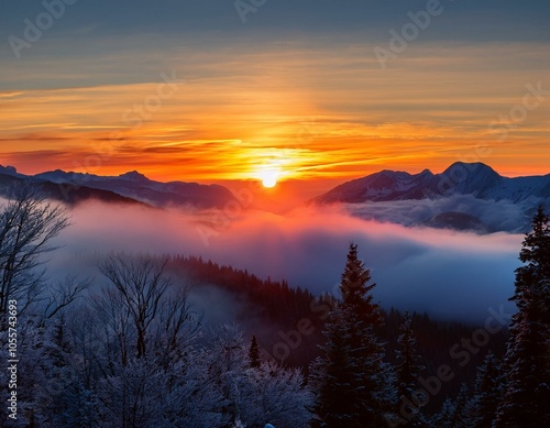 Colorful winter sunrise in the foggy mountains