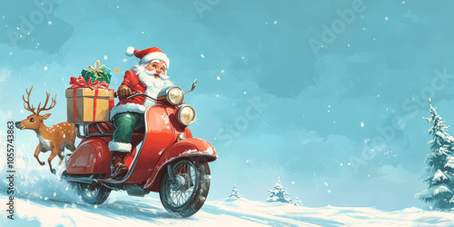 Cartoon Santa Claus and Snowman enjoying a snowy Christmas by riding the classic Italian motorbike,Generated By Ai