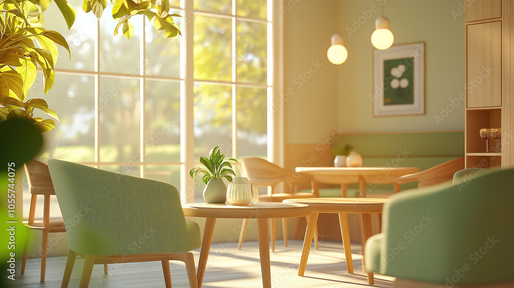 Fototapeta premium interior of a fresh and refined living room in the hues of light green and wooden, farm house style