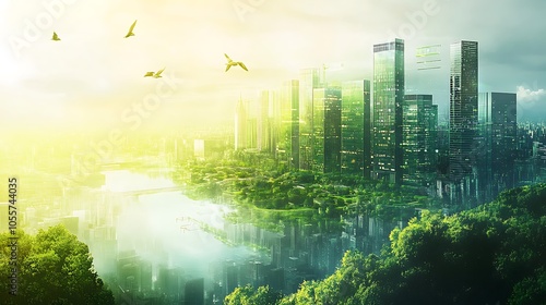 A futuristic cityscape blending nature and urban architecture under a bright sky.