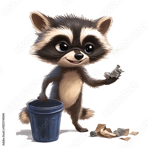 A cartoon raccoon superhero with a mask, rummaging through a trash can with a sly smile on a white background. photo