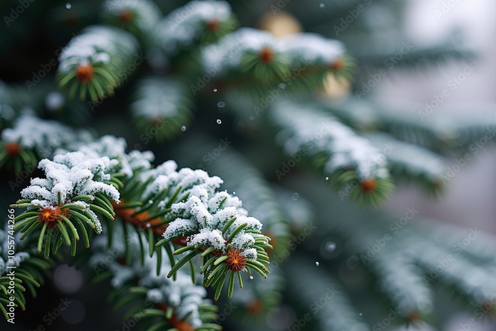 Snow-dusted pine branches on a winter's day for seasonal designs and holiday themes Snow-dusted pine branches on a winter's day for seasonal designs and holiday themes