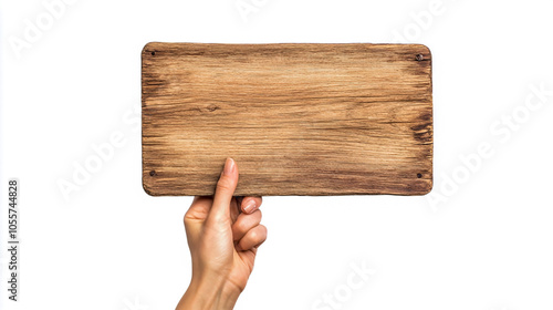 Close-up of a human hand holding a blank wooden sign for demonstration, set against a white or transparent background, ideal for product mockups or presentations. photo