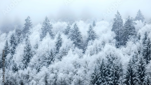 A serene winter landscape with snow-covered trees shrouded in fog.