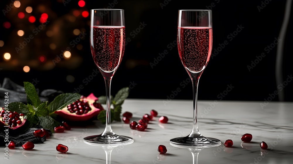 Elegant champagne flutes filled with sparkling pomegranate cocktail, garnished with fresh seeds and mint, styled on white marble with moody dark background. Elegant champagne flutes filled with sparkling pomegranate cocktail, garnished with fresh seeds and mint, styled on white marble with moody dark background.