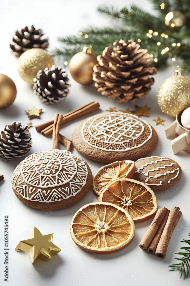 A festive arrangement of decorated cookies, dried oranges, and pinecones for holiday celebration. A festive arrangement of decorated cookies, dried oranges, and pinecones for holiday celebration.