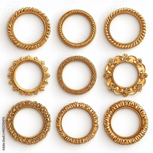 circle and flower shaped gold vintage luxury frames set on white background