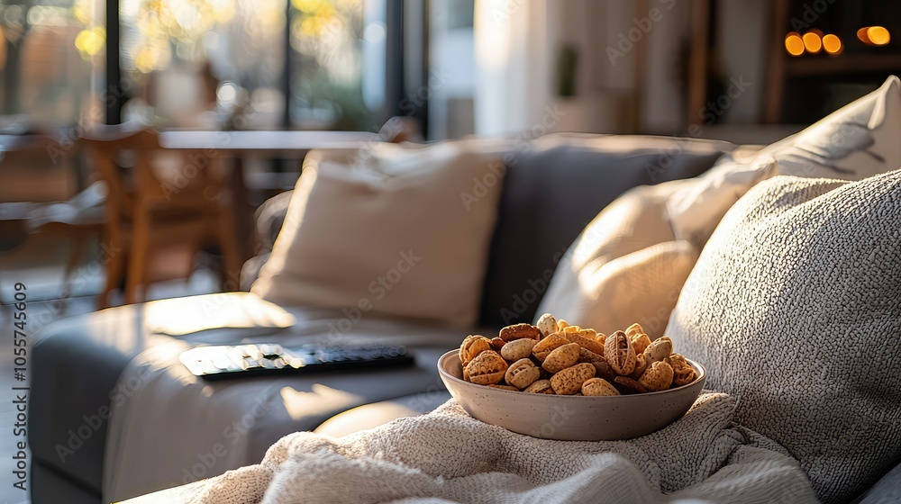 Cozy Couch with Bowl of Snacks in Serene Setting Cozy Couch with Bowl of Snacks in Serene Setting
