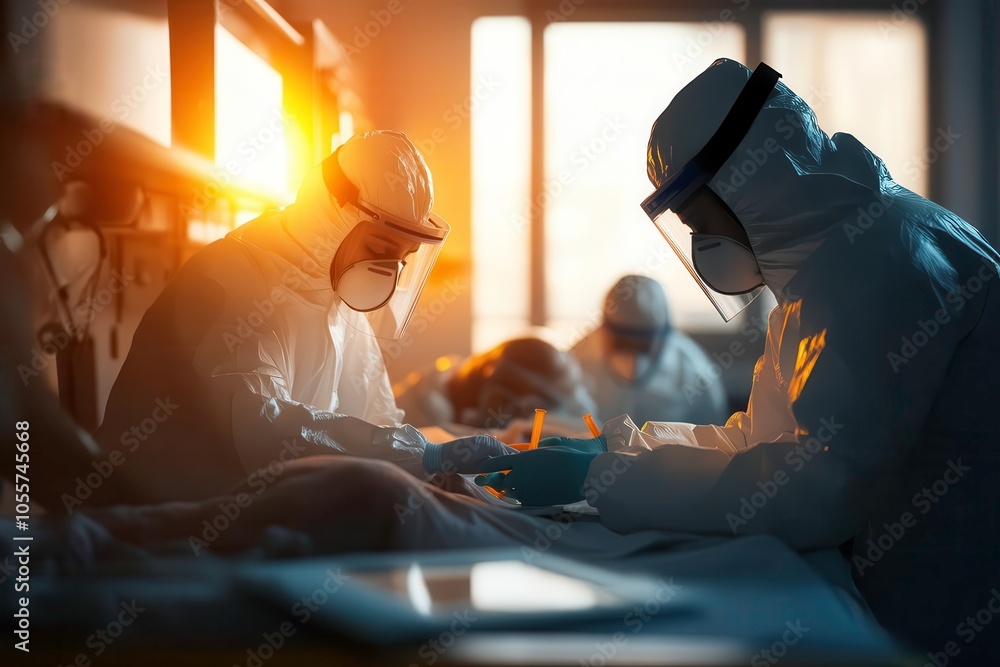 Medical professionals in protective gear working in a healthcare setting. Medical professionals in protective gear working in a healthcare setting.