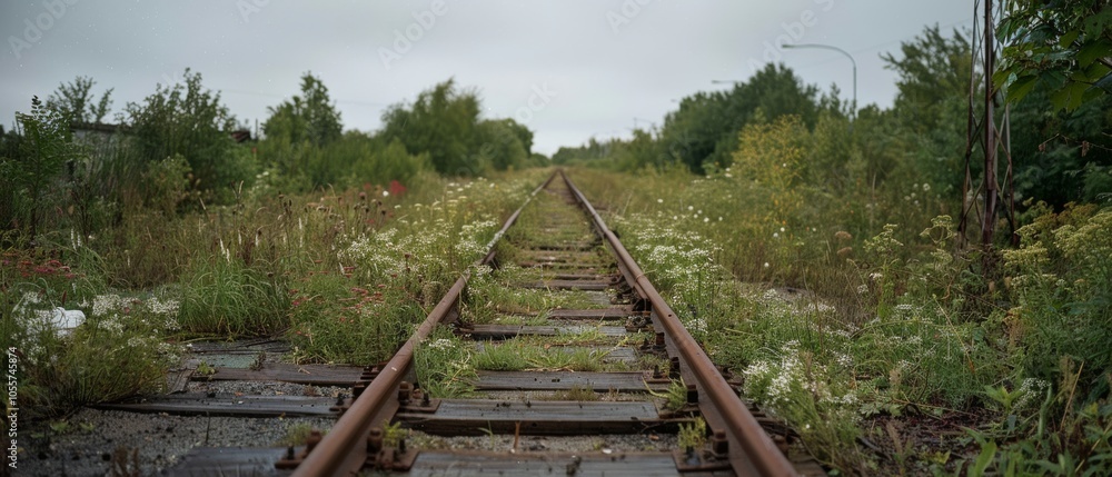 Fototapeta premium Overgrown railway tracks stretch ahead, embraced by lush greenery, depicting nature reclaiming urban relics.