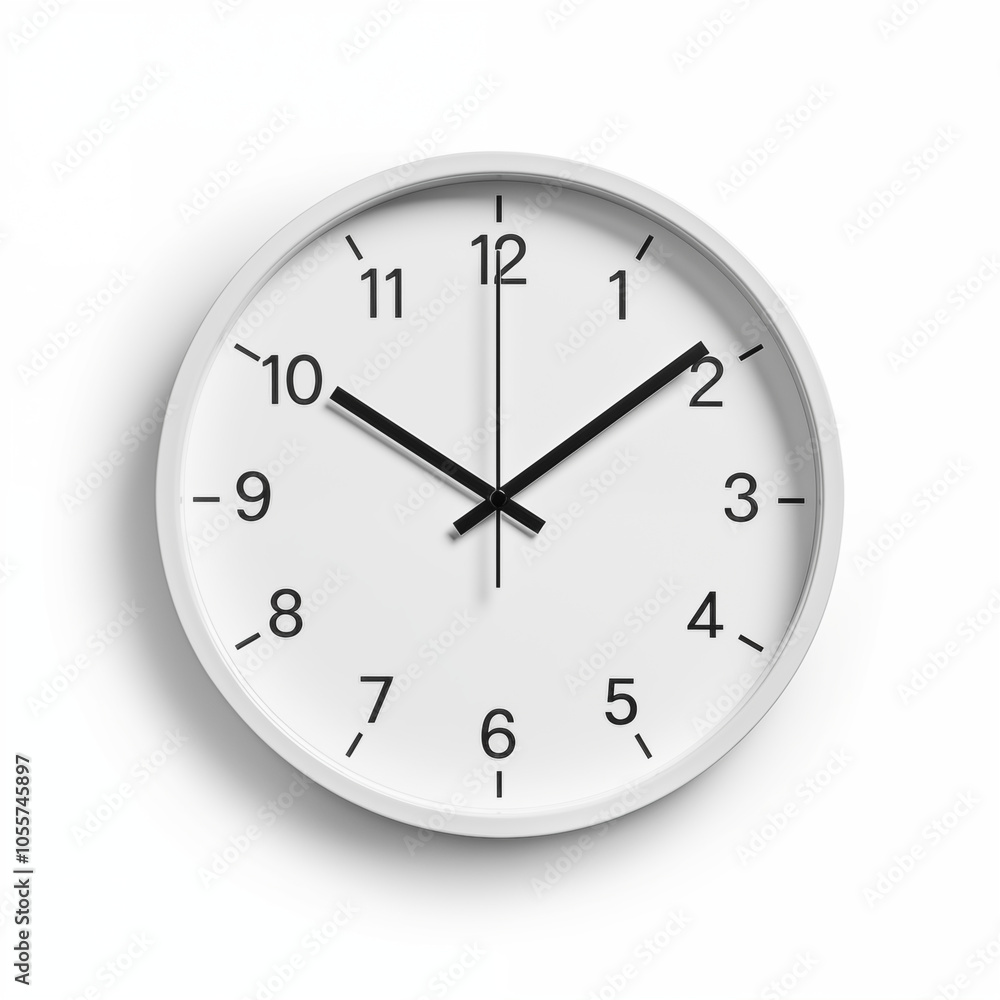 White Round Wall Clock with Black Hands on White Background White Round Wall Clock with Black Hands on White Background