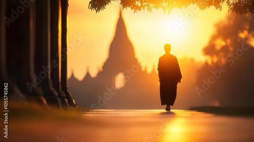 Monk walking at sunset near ancient temple, serene atmosphere and beautiful silhouette. photo