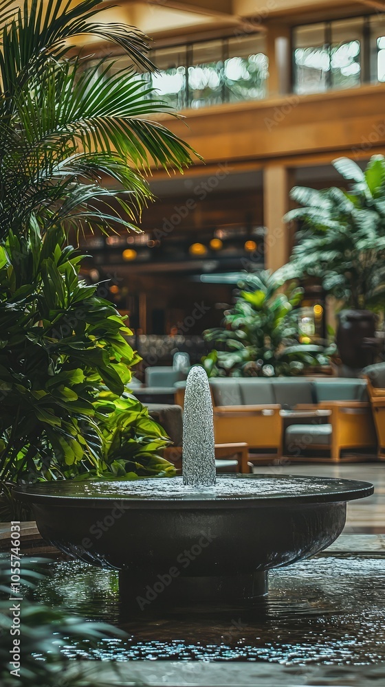 Serene Hotel Lobby with Water Fountain and Lush Greenery Serene Hotel Lobby with Water Fountain and Lush Greenery