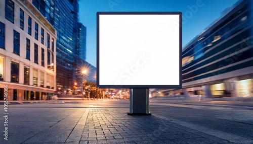 Blank white square signboard on a city street with blurred background of buildings and lights at dusk.