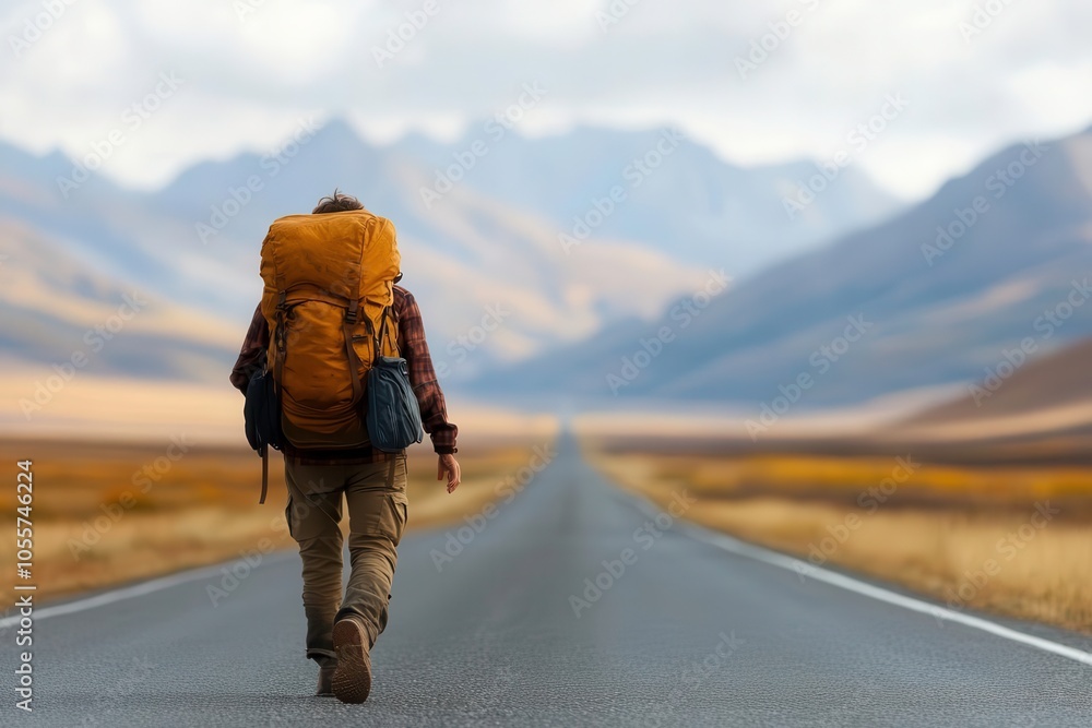 Person hiking on a mountain road with backpack, scenic landscape view.