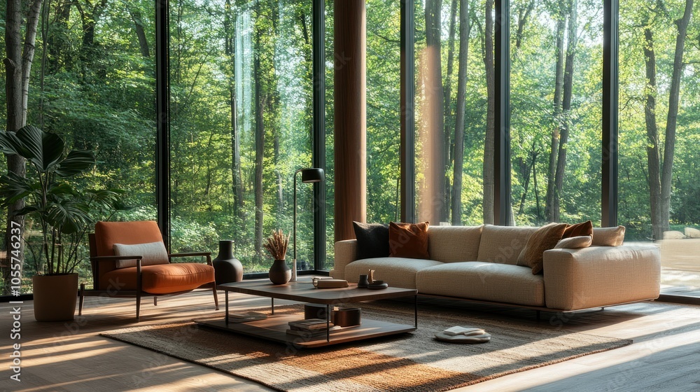 Modern Living Room with Forest View and Sunbeams Modern Living Room with Forest View and Sunbeams