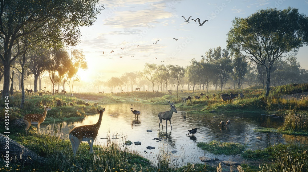 Fototapeta premium Serene 3D Wildlife Scene in a Protected Environment