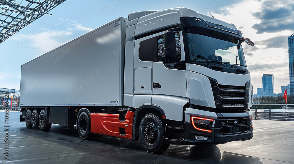 Naklejka premium Truck EV. Futuristic truck in a sustainable logistics Hub.