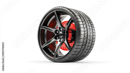 Close-up of car wheels, tires, and discs on a white background, high detail, sleek, modern design, perfect lighting and shadow, professional studio shot.