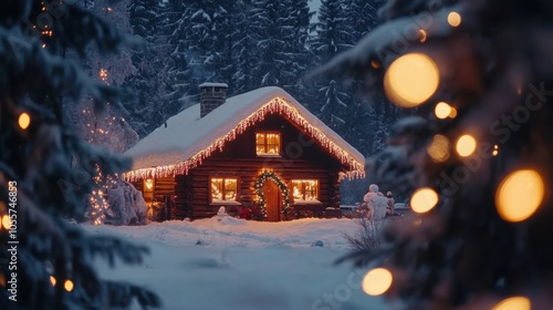 Merry Christmas & Cheerful Happy New Year with a background of a cozy cabin covered in snow.