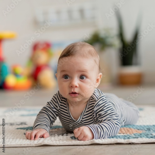 cute asian baby sitting on the floor isolated on white background