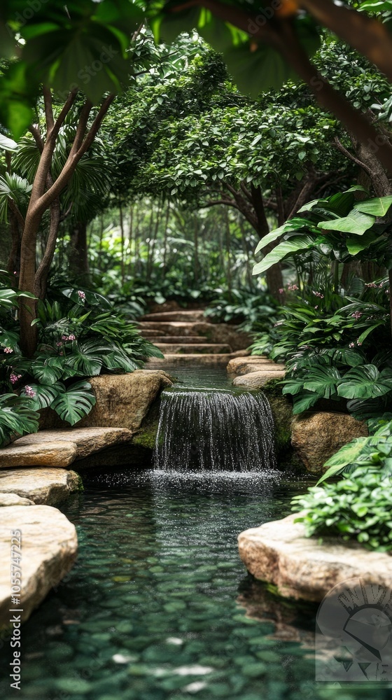 A winding garden path leads to a gentle waterfall, surrounded by vibrant foliage and tranquil waters, creating a serene atmosphere in nature A winding garden path leads to a gentle waterfall, surrounded by vibrant foliage and tranquil waters, creating a serene atmosphere in nature