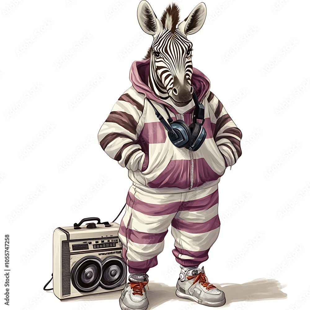 Cartoon zebra in a funky tracksuit with a boom box on a white background. Cartoon zebra in a funky tracksuit with a boom box on a white background.