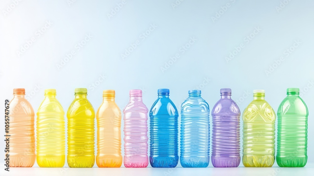 A row of colorful plastic bottles displayed against a light background, showcasing various pastel hues and highlighting modern design. A row of colorful plastic bottles displayed against a light background, showcasing various pastel hues and highlighting modern design.