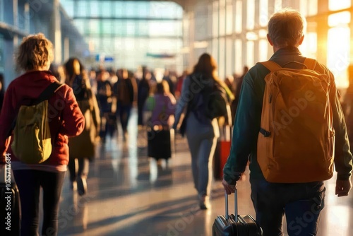 Travelers walking through a busy airport terminal during sunset.