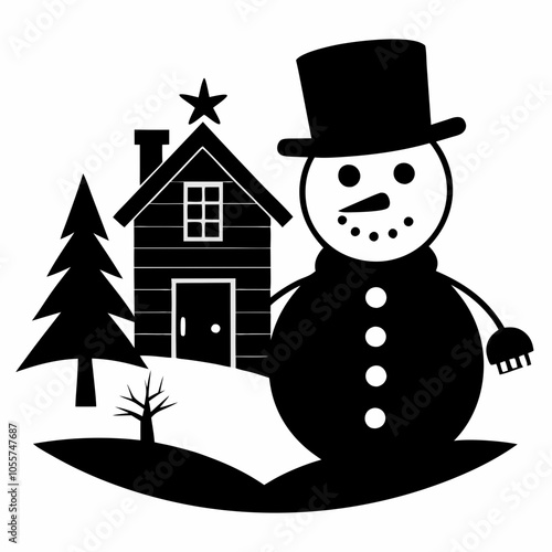 Christmas Cottage Farm SNOWMAN Black silhouette