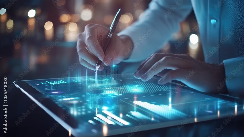 Naklejka premium Businessman Analyzing Financial Graph on Tablet with Virtual Hologram Icons for Strategy and Growth