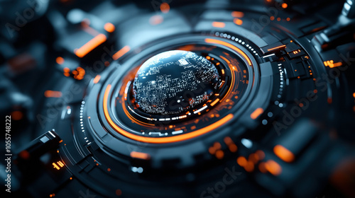 Wallpaper Mural Futuristic digital interface with glowing orange and blue elements resembling a complex circuit board or control panel in a high-tech environment. Torontodigital.ca