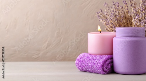 Pink candle and lavender spa set create a calming atmosphere, AI