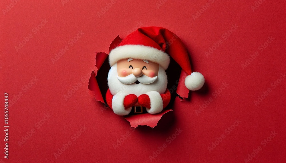Santa delightedly peeking from torn red wall Santa delightedly peeking from torn red wall